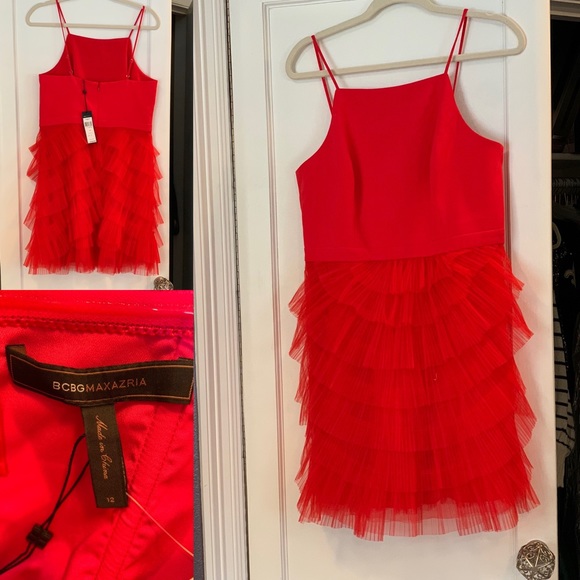 NWT BCBGMaxazria Casssandra Layered Ruffle Tulle Mini Dress | Sz 10 | Jewel Red - Picture 1 of 8